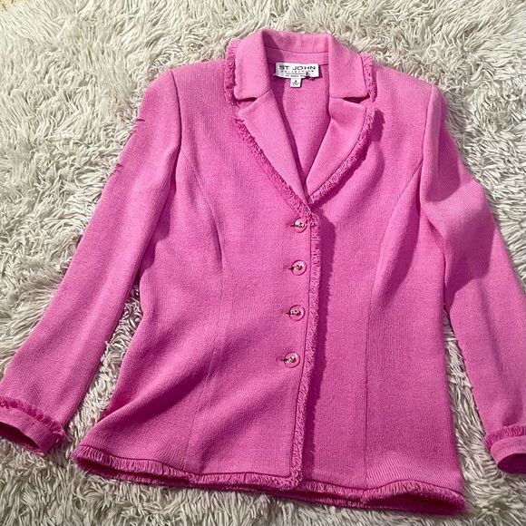 SOLD St. John Marie Gray Rare Y2K Santana Knit Hot Pink Logo Buttons Fringe - Picture 13 of 14